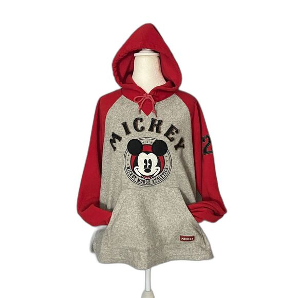 Disney Mickey Mouse Red Gray Hoodie Fleece Pullover 28 Logo Unisex L - Picture 1 of 11